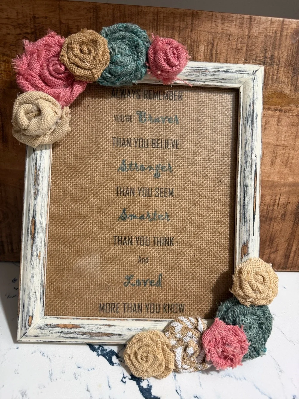 Rustic White Frame with Pink, Teal‎ and Beige Burlap Flowers -